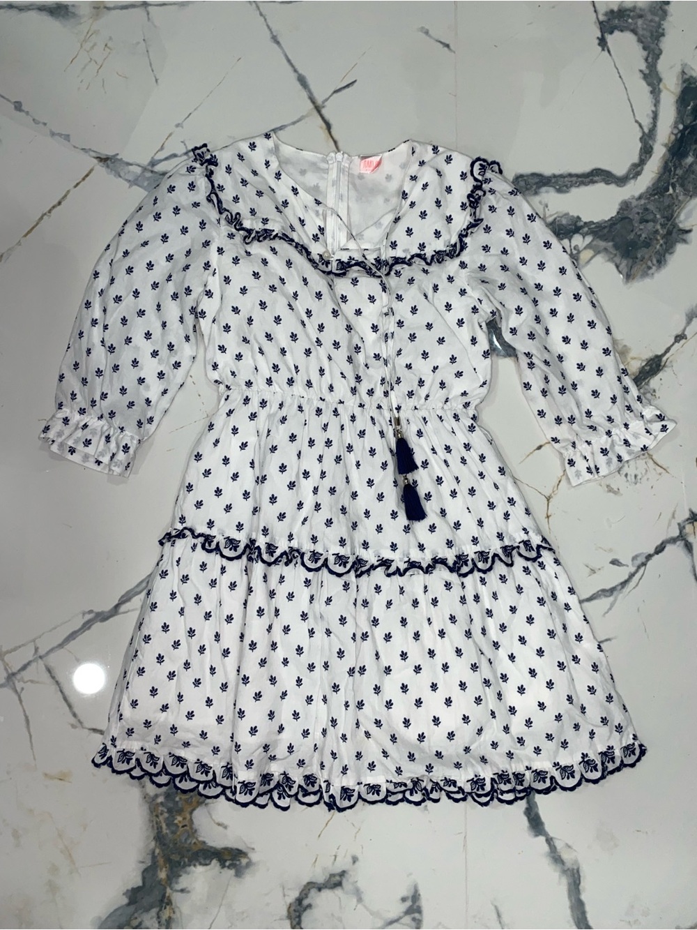 Marlow White Dress with Navy Floral Trim
